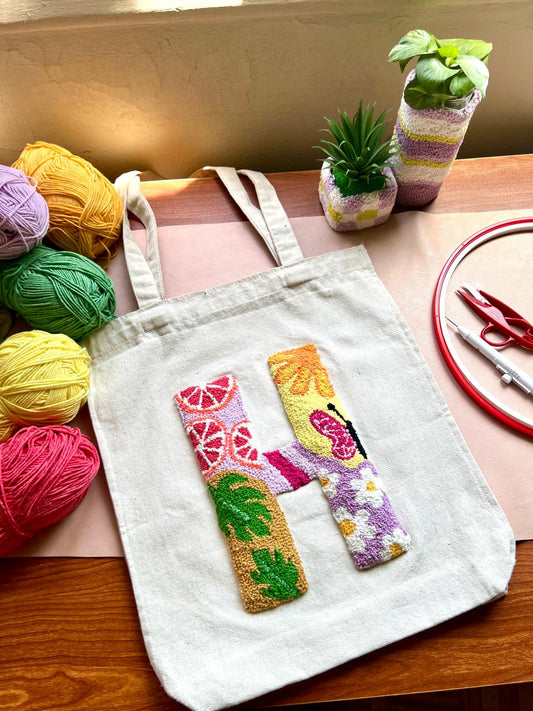 Punch Needle Embroidered Tote Bag – Personalized with Your Letter