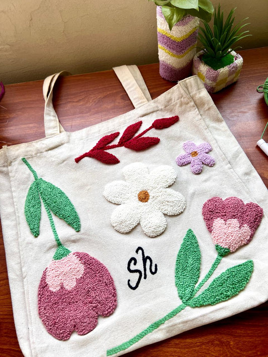 Floral Punch Needle Embroidered Tote Bag – Customizable Initial